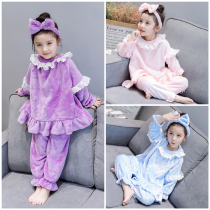 Childrens flannel girls pajamas set autumn and winter clothes Princess female baby coral velvet long sleeve home clothing three-piece set
