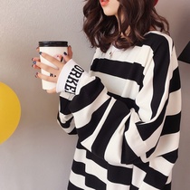 Japanese striped long sleeve sweater women long 2021 spring new Korean loose lazy wind Joker coat tide