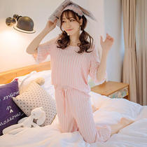 Korean Version Pyjamas Women Summer Pure Cotton Short Sleeves Casual Loose Stripes Two Suits Cute Fresher Students Home Clothes