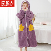 Autumn and winter childrens nightgown female princess thickened coral fleece lengthened hooded girls flannel bathrobe baby pajamas