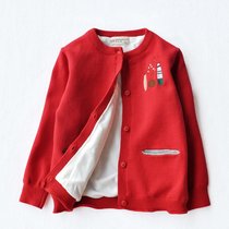 Girls cardigan sweater jacket Childrens velvet thickened knitted female big child 2021 autumn and winter new red fluff coat