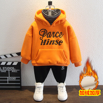 Plus velvet clothes boys winter thick hooded jacket foreign style new childrens handsome winter clothes Korean version of net red childrens clothing