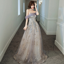 One-word shoulder evening dress female 2021 New banquet temperament Dreamland annual meeting fairy air floating yarn host