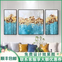 Gold leaf color oil painting Hand-painted simple modern light luxury Nordic American living room decoration painting Sofa triple wall hanging