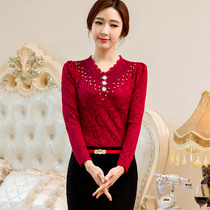 Lace shirt Womens 2020 Autumn new large size womens Korean long sleeve long top plus velvet base shirt fashion