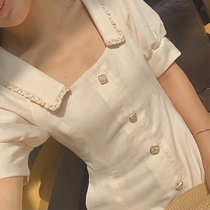 From a Zhi smoked French Platycodon grandiflorum skirt tweed dress first love summer square collar retro skirt waist thin temperament