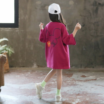 Girls long loose clothes autumn clothes 2021 Korean version of new products in the big children long sleeve cartoon knitted T-shirt parent-child