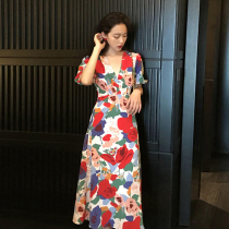 Law-style small crowdlovers retro gentleness hyphenic dress Herben light cooked wind V collar foam sleeves Blossom Long Skirt Child Summer