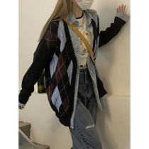 DREAM SEVEN77 cardiovert sweater women 2021 fall new bump color knitted diamond gacademy wind jacket