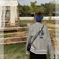 Baseball uniform female ins tide spring and autumn 2020 Plaid bear embroidery Hong Kong style retro Korean student jacket short coat
