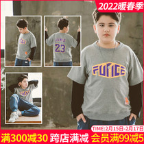 Big boy autumn men's T-shirt long sleeve loose size spring and autumn fat boy foreign style fake two plus fat autumn coat