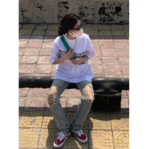 High Street Broken Cave High Waist Jeans Women 2022 Summer new Conspicuga Slim hot girl washed up to make old straight tube pants