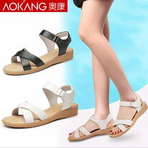 Okang sandals womens summer flat wedge heels middle-aged and elderly mother sandals leather soft bottom comfortable new womens sandals