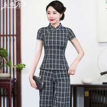 Summer new short-sleeved plaid cheongsam short top improved fashion Tang suit mothers two-piece set large size