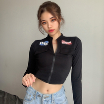 ROCKMORE Europe and the United States handsome motorcycle style long sleeve T-shirt female black personalized printing zipper jacket coat tide autumn