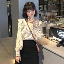 Autumn women's Korean version of retro wooden ear wave point V-neck lantern sleeve chiffon shirt long sleeve casual shirt top