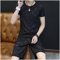 Tide brand Ice Silk mens casual set 2021 summer new trend handsome sportswear short sleeve T-shirt top