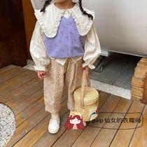 2021 childrens wear floral denim wide leg pants lapel lace shirt vest set girl ins style Korea paip