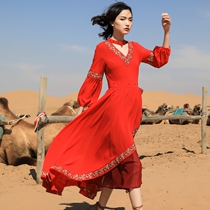 National Wind Brigade Beat Clothes Desert Super Fairy Red Snowspun Cotton Spinning Dress Woman Qinghai Lake Tibet Tea Card Salt Lake Long Dress