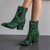  Snake pattern womens shoes Green boots Yellow wine red boots pointed womens shoes thick-heeled high-heeled booties large size womens boots AJ