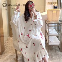 Japanese Coral Suede Sleeping Robes Womens Autumn Winter Long style Lions with hat bathrobe thickened Strawberry Plus Suede Pajamas Coat Winter