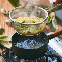 Japanese single handle snow flat pan Stainless steel filter mesh basket cooking instant noodle pot soup pot Milk pot fryer Household non-stick pan