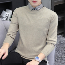 Mens fake two-piece sweater spring and autumn slim trend Joker thick shirt collar long sleeve knitted base shirt winter
