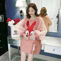 Pregnant woman Early autumn pregnant woman dress cute and sweet autumn cartoon sequin with flower splicing long-sleeved pregnant woman big code one-piece dress