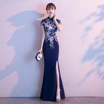  Banquet evening dress female 2021 new performance host fishtail chorus high-end Chinese temperament cheongsam dress