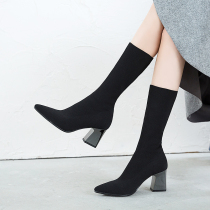 Clearance thick-heeled socks and boots womens spring and autumn new breathable knitted socks and shoes increased high-heeled half bucket boots elastic thin boots