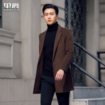 men's mid length woolen coat korean style cashmere coat men's winter thick slim