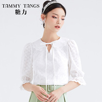 (Mall same section) Sugar spring Summer new hook flower hollowed-out shirt jacket Peter Pan collar short shirt woman
