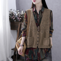 Han Soyi retro literary Autumn Spring New wool vest female Workman-shaped Cardigan Cardigan vest wearing tide