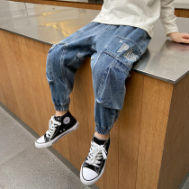 Boys jeans autumn 2021 new childrens pants tide Korean version of the foreign style in the big boy handsome spring and autumn models