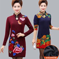 Middle-aged and elderly spring clothes plus velvet improved cheongsam dress fashion mother autumn and winter thick cheongsam daily life clothes