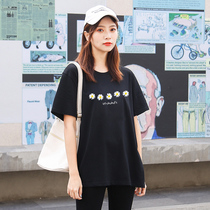 Small daisy pure cotton short-sleeved t-shirt womens summer 2020 new loose medium long section large size fat mm Korean edition half sleeve black