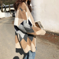  2020 spring and autumn new Korean plaid loose mid-length cardigan knitted lazy style thickened sweater jacket womens trend