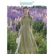 Inmanxia round neck vintage cultural embroidery slim waist A-line silk dress women