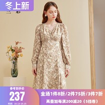 Three color 2021 Spring New V collar flower print lantern sleeve long sleeve chiffon dress women