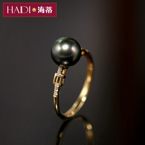 Heidi Jewelry Luochen 8-8 5mm round strong light Tahiti black pearl ring 18K gold gift for Mother