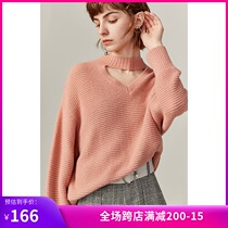 Lily spring new womens V-neck openwork loose shoulder bat sleeve pink shiny silk wool sweater 8919