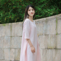 21 summer embroidery round neck casual five-point sleeve jumpsuit long dress Silk hemp jacquard mid-waist pullover Chinese dress