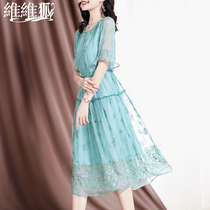 Real Silk Dress Woman 2022 Summer New Hangzhou High-end Embroidered Gas Real Silk Mulberry Silk Short Sleeve Skirt