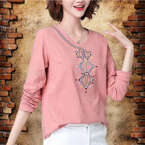 Long sleeve t-shirt women 2020 Autumn new vintage ethnic style embroidery loose thin size cotton