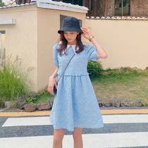 Seven volume a cut small man dress summer blue bubble sleeve lapel pleated skirt playful cute woman 396