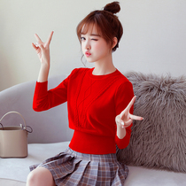 Autumn and winter short sweater waist pullover sweater Womens slim cardigan Long-sleeved round neck warm velvet base shirt