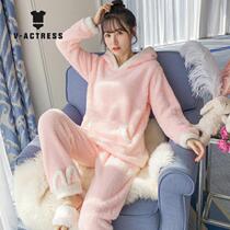 Coral suede pyjamas womens spring and autumn season Korean version Long sleeves Two suits Autumn winter days Farland suede thickened Lianhood Home