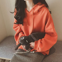 Tide brand 2021 autumn and winter New long hooded sweater female Korean loose jumper plus velvet jacket student thin