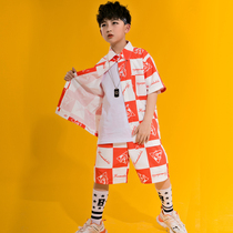 Boys street dance suit hip-hop hiphop summer short-sleeved performance clothing handsome childrens jazz dance performance clothing catwalk