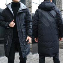 Winter new long down jacket men thick trend three bars offset printing hooded Fat Man large size knee jacket